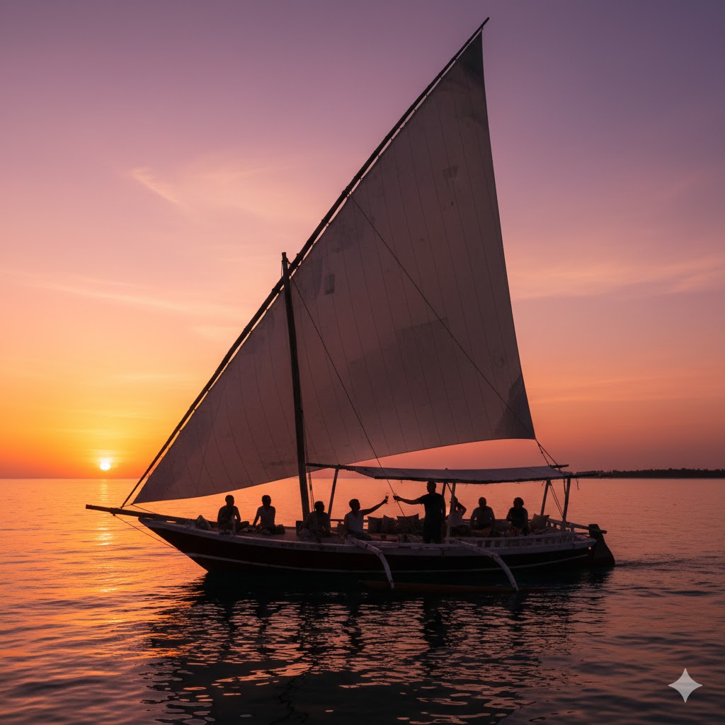 Dhow boat sailing at sunset off the coast of Zanzibar